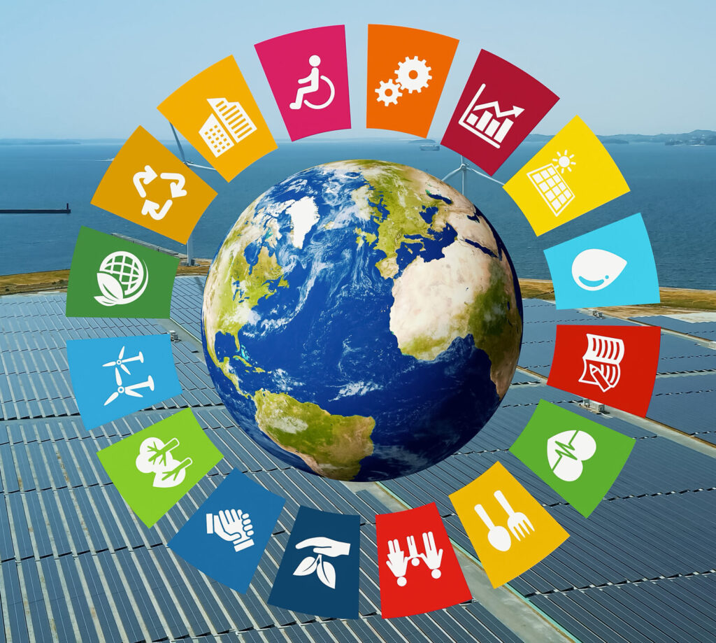 Hernieuwbare energie en milieutechnologieconcepten. Groene technologie. Duurzame Ontwikkelingsdoelen. Duurzame samenleving.